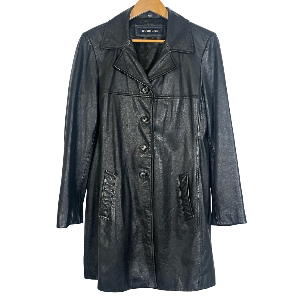 Dockers Womens Large Black Leather Trench Coat Jacket Button Front Mob Wife